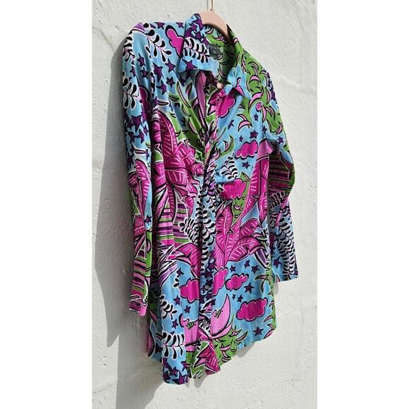 Vintage Y2K Womens Top Small Pink Blue Moon Sky Tropical Ruched Button Up Shirt - Picture 3 of 11